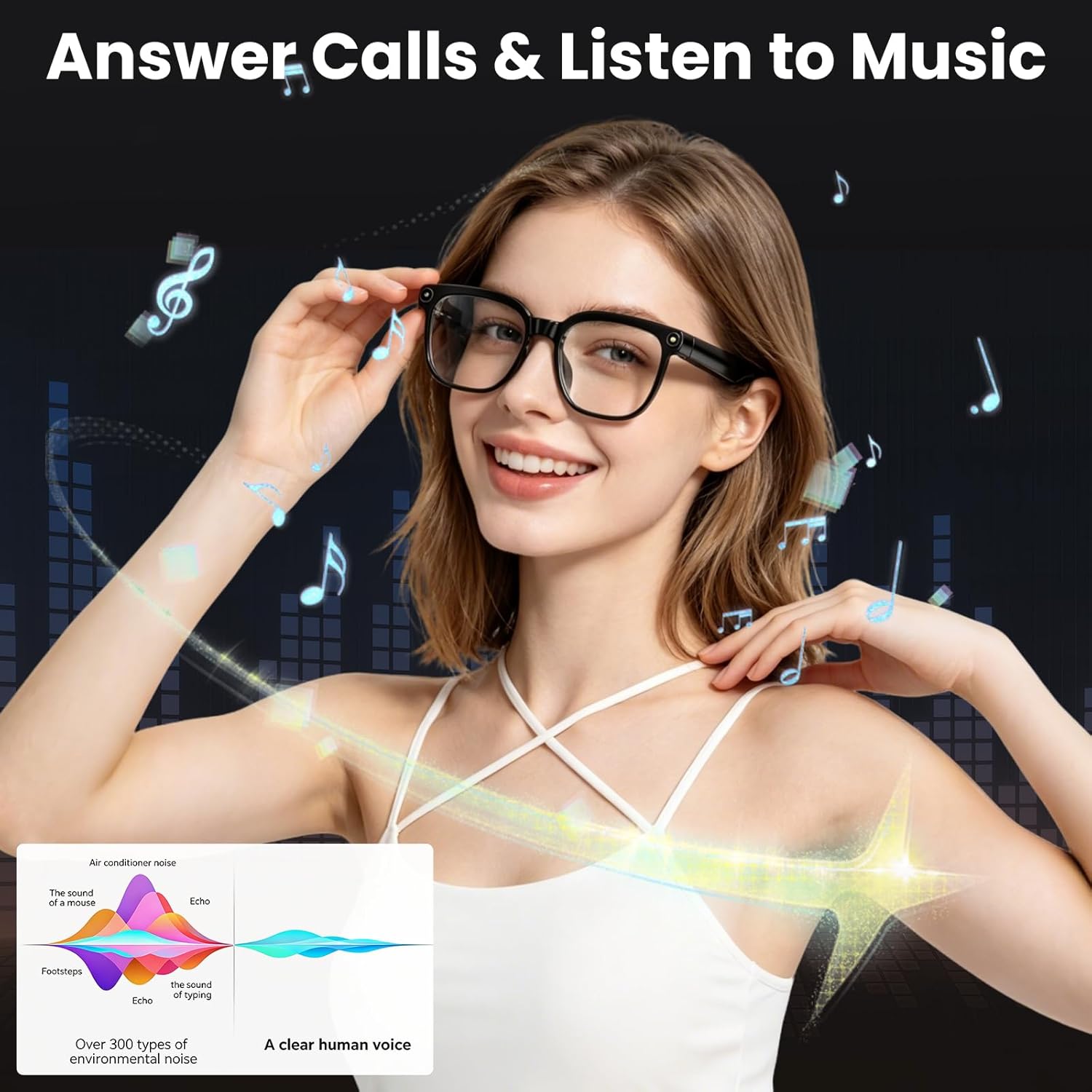 Hwagol Smart Glasses with Camera, 8MP HD Photo and Video Recording,AI Glasses with Real-Time Translation/Object Recognition/AI Voice Q&A/Recording, Calls and Music,UV & Blue Light Protection (Clear)