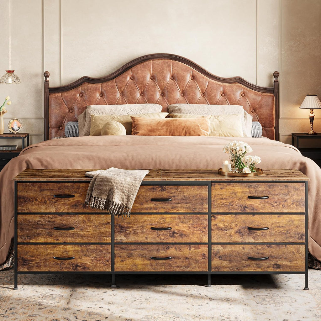 Huuger 63 Inch Dresser for Bedroom, Dresser for Closet with 9 Fabric Drawers, Large TV Stand for 55, 65, 70 Inch TV, Entertainment Center with Storage, Wide Long Chest of Drawers, Rustic Brown