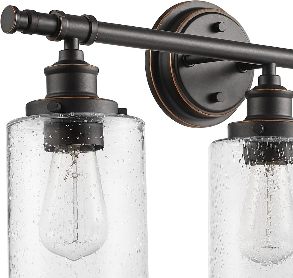 Globe Electric 51415 Camden 5-Piece All-in-One Bathroom Set, 3 Vanity Light with Seeded Glass Shades, Bar, Towel Ring, Robe Hook, Toilet Paper Holder, Bronze
