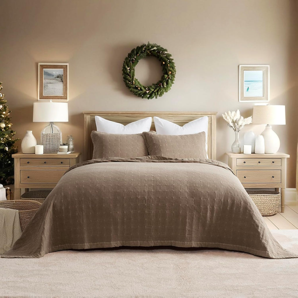 EVERGRACEHOME Stonewashed Cotton Quilt Set King Size, Ultra Soft Oversized Bedspread Coverlet Set, Lightweight Crinkle Box Stitch Bedding Sets for All Season, with 2 Shams, Mocha Brown