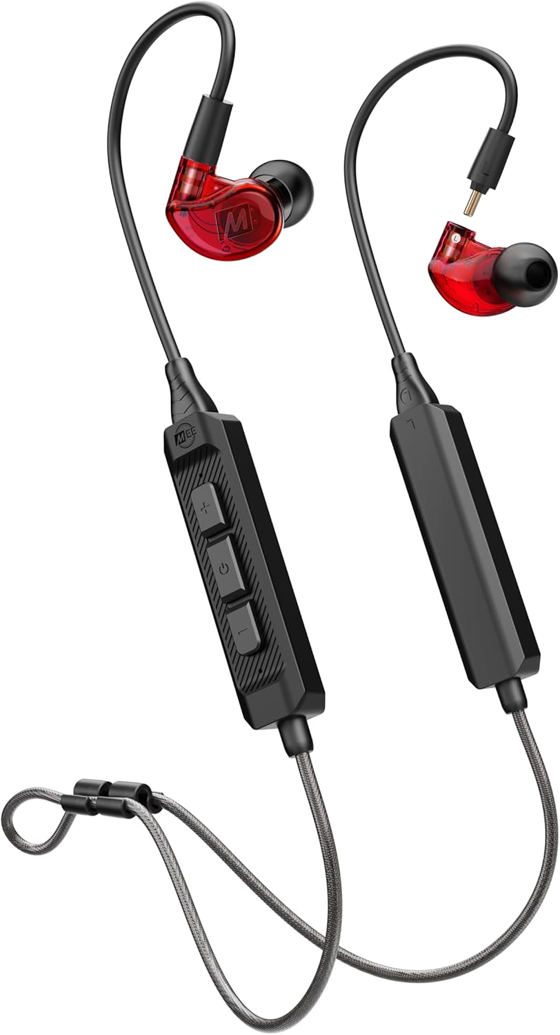 MEE audio M6 PRO Musicians' in-Ear Monitors Wired + Wireless Combo Pack: Includes IEMs, 2 Audio Cables and BT3 Hi-Res Bluetooth Audio Adapter w/aptX, LDAC, Auracast Support, & Built-in Headset (Red)