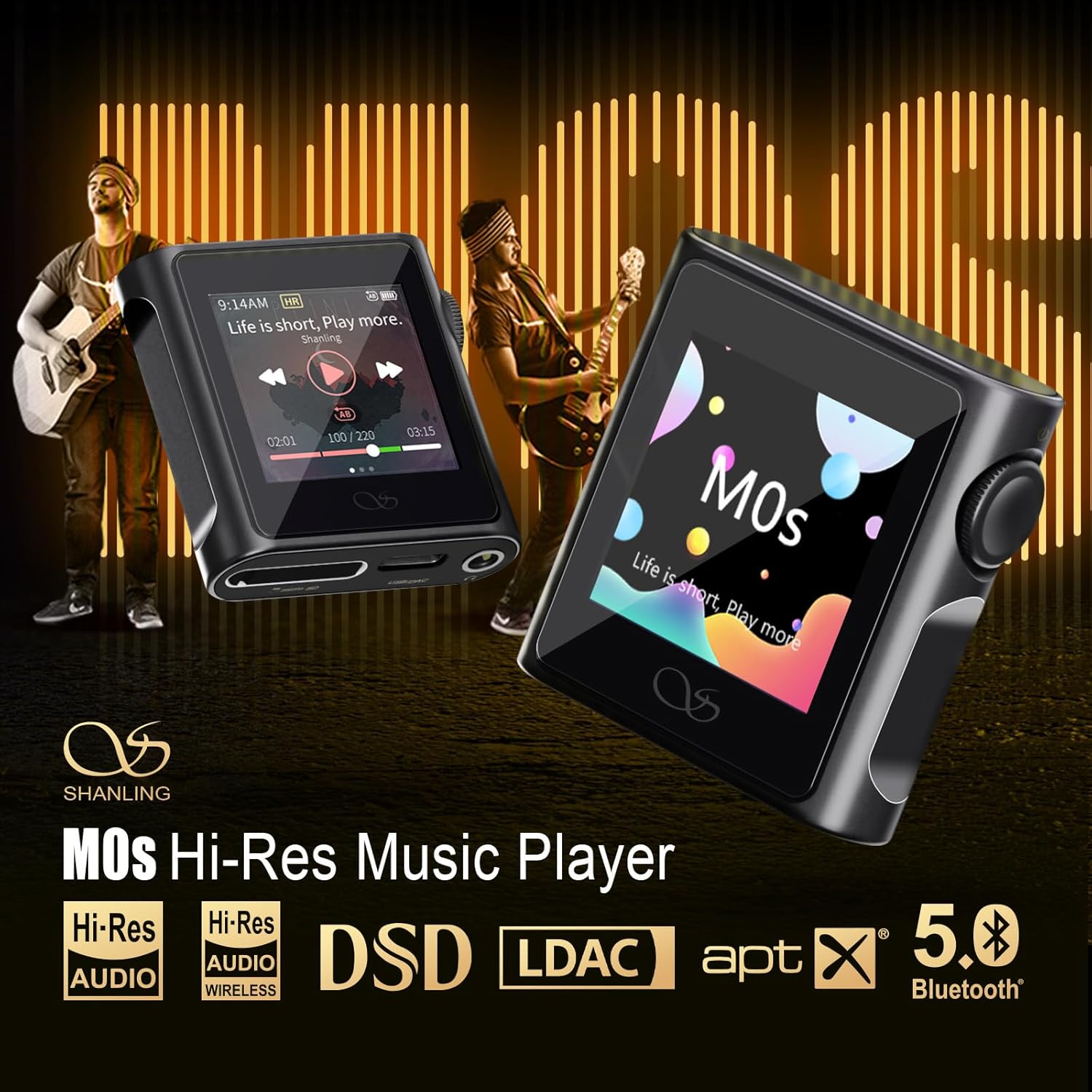 SHANLING M0s Portable MP3 Player Hi-Res Audio Players, 1.54" Touch Screen Hi-Fi MP3 Player with Bluetooth 5.0 LDAC, USB DAC/Amp, Up to 10 Hours Playback – Titanium