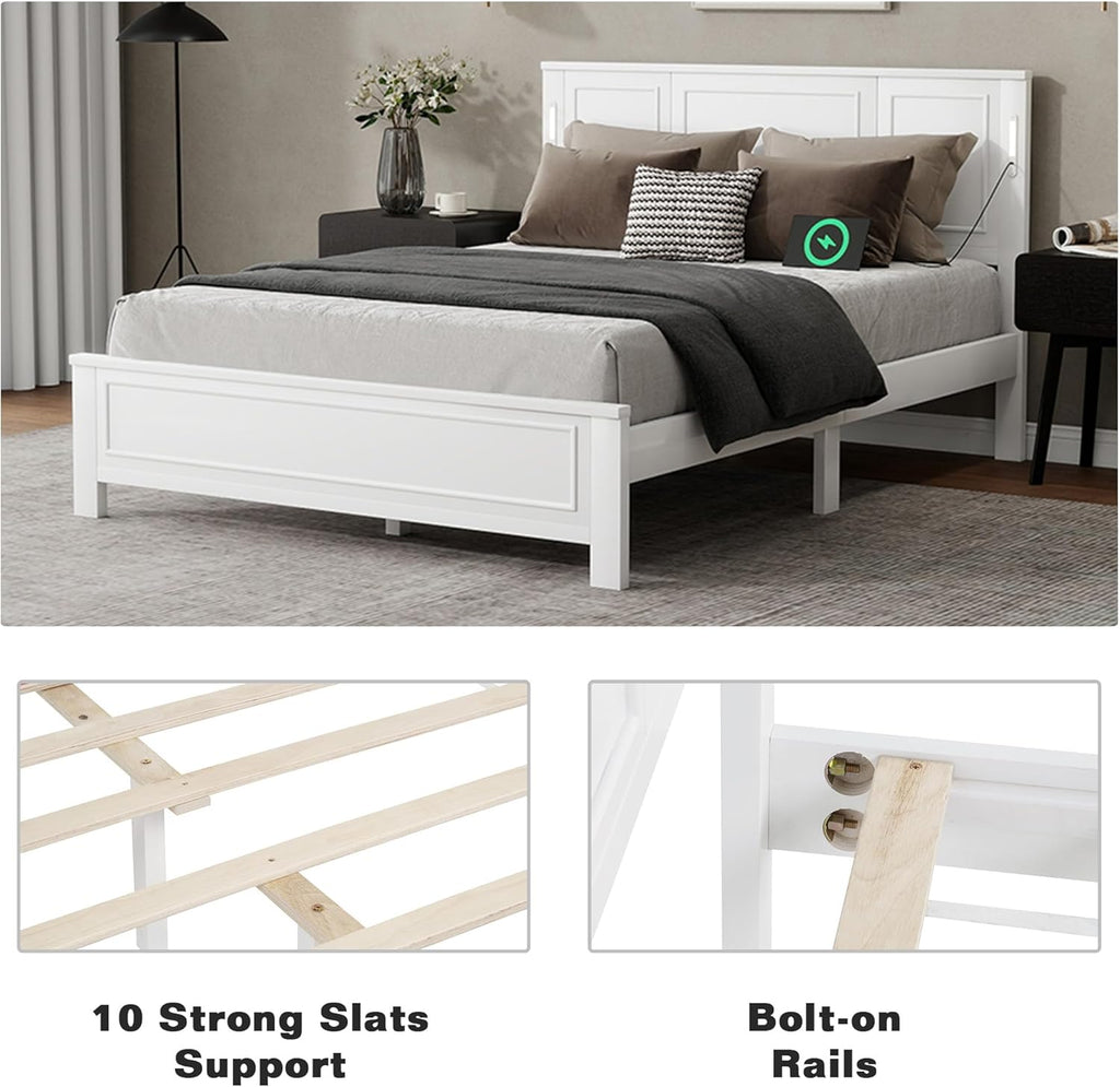 Queen Size Platform Bed Frame, Heavy Duty Pinewood Bedframes with Tall-Panel Headboard and Footboard, Built-in LED Lights/USB Charging Station/No Box Spring Needed, White