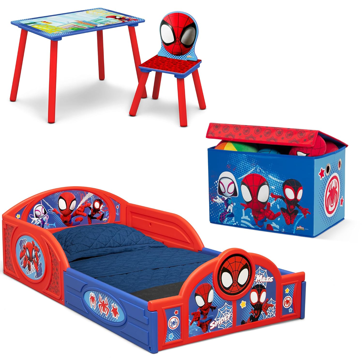 Delta Children - Marvel Spidey and His Amazing Friends 4-Piece Toddler Room-in-a-Box Set – Includes Sleep and Play Toddler Bed, Table, 1 Chair and Fabric Toy Box, Blue/Red
