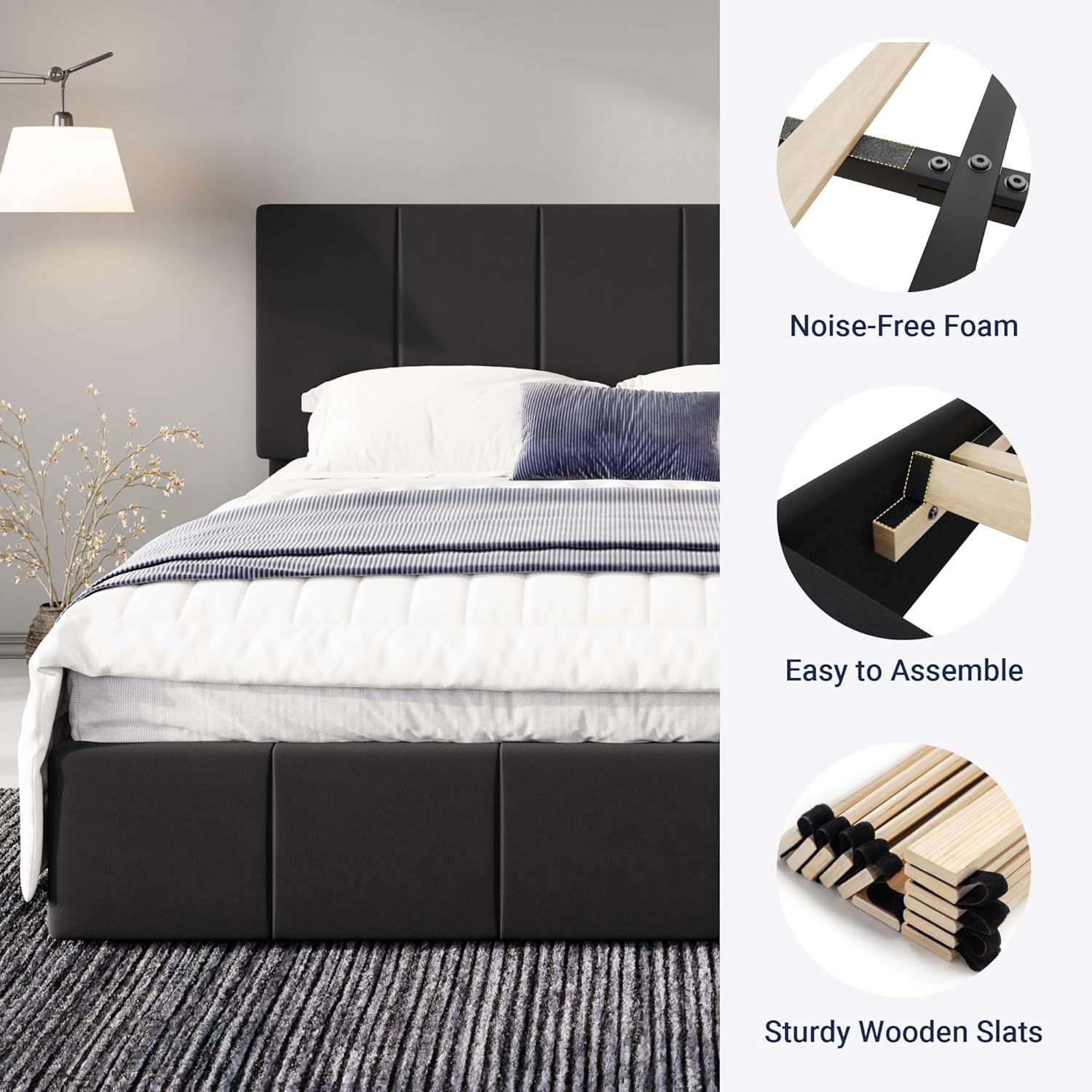 Allewie Full Size Dutch Velvet Upholstered Platform Bed Frame/Vertical Channel Tufted Adjustable Headboard/Low Profile Bed Frame/No Box Spring Needed/Easy Assembly/Black