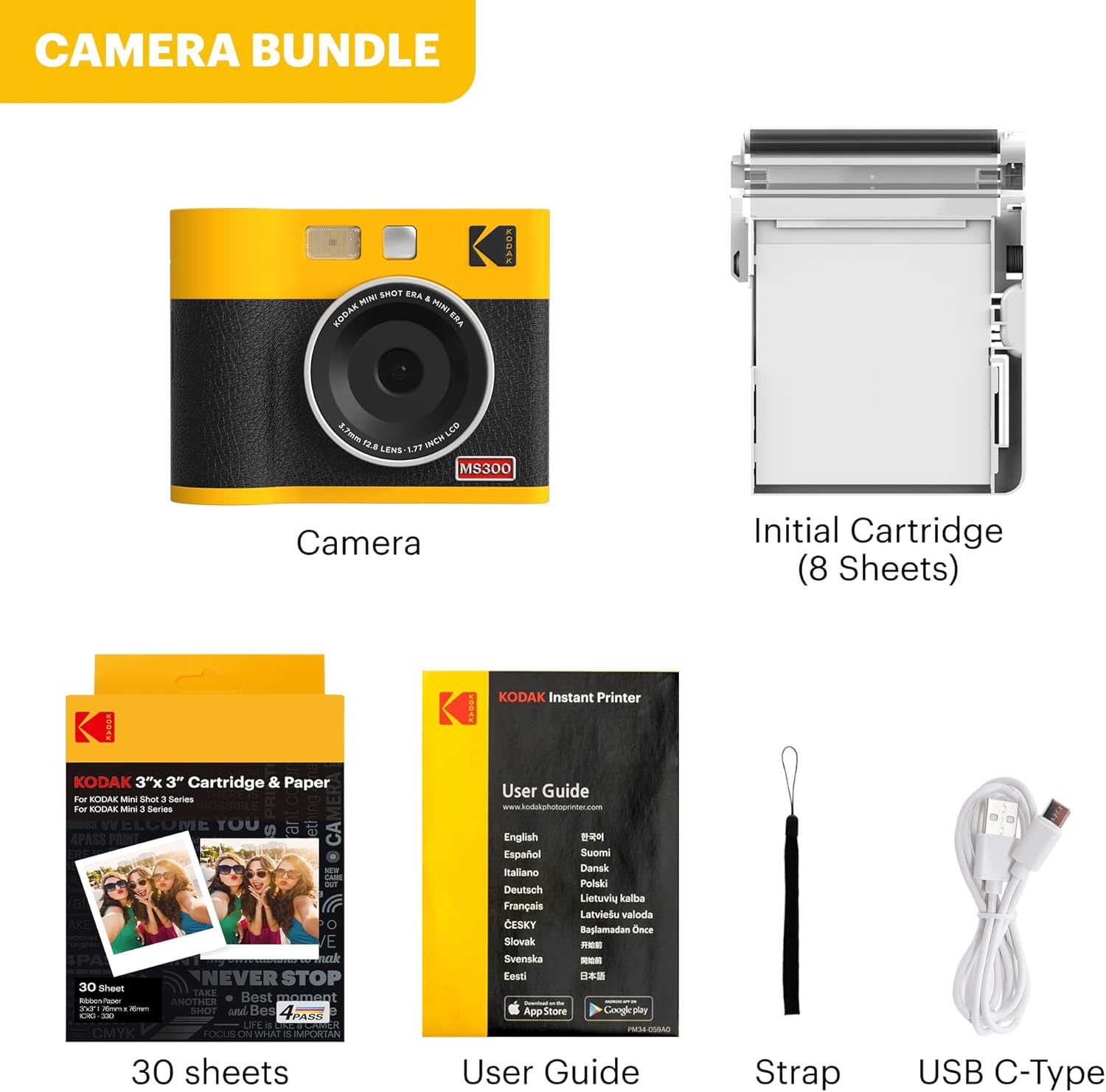 KODAK Mini Shot 3 ERA 3x3” Instant Digital Camera & Photo Printer, 38 Sheets, 2-in-1 Portable Print Camera, Bluetooth Smartphone Printer for iPhone & Android, 4PASS Dye Sublimation, Yellow
