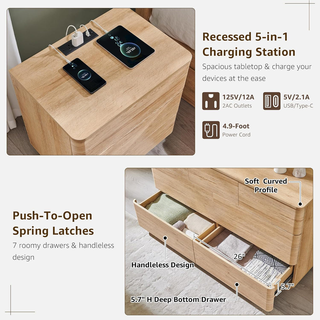 ACCOHOHO 3 Piece Bedroom Furniture Set, 7 Drawer Dresser (52" W) & Two 22" Nightstands, Modern Push-to-Open Drawers, Curved Profile, Dresser and Nightstand Sets for Bedroom, Natural Oak