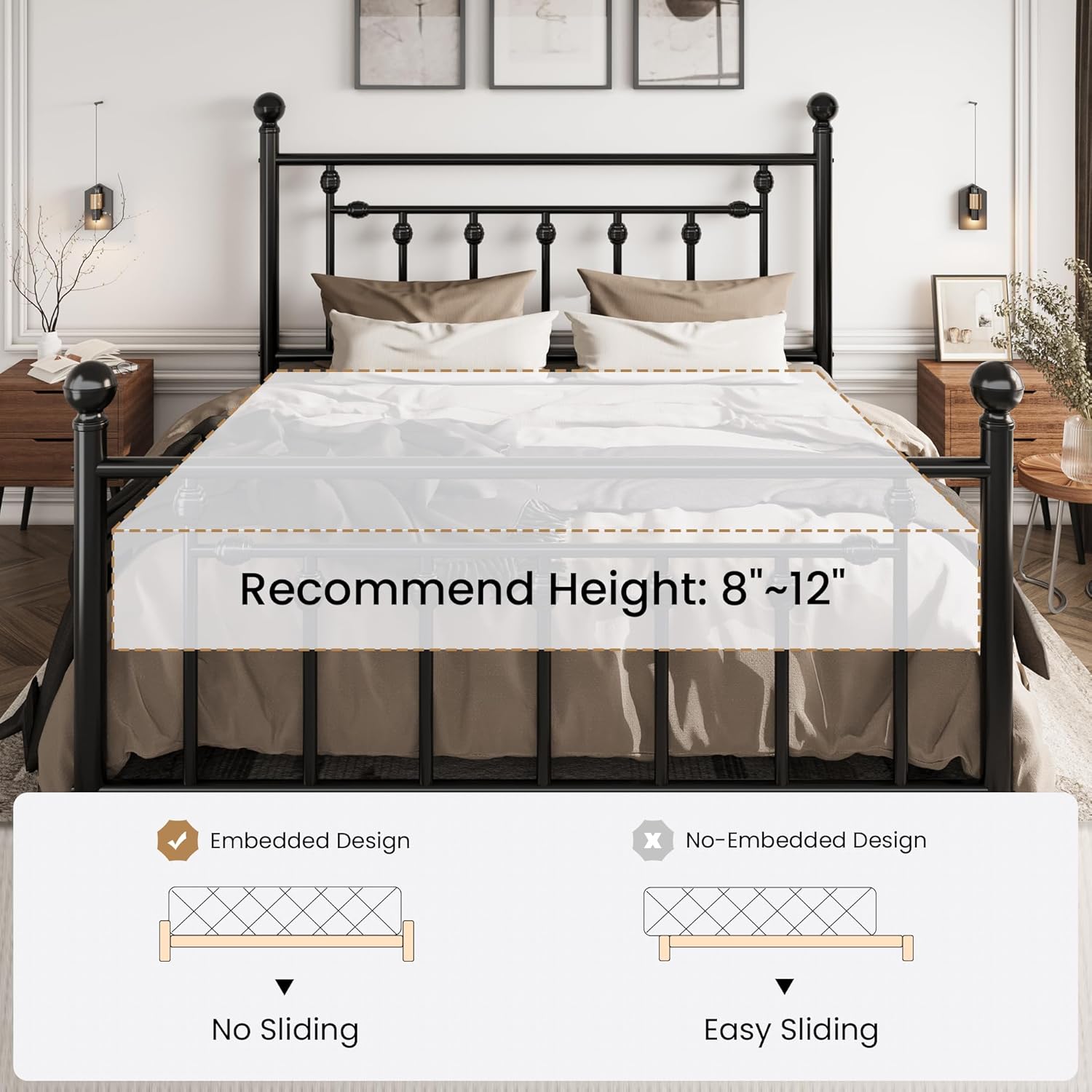 SHA CERLIN 14" Queen Size Metal Platform Bed Frame/Victorian Headboard and Footboard/Steel Slats Mattress Foundation for Storage/No Box Spring Needed/Noise Free/Black