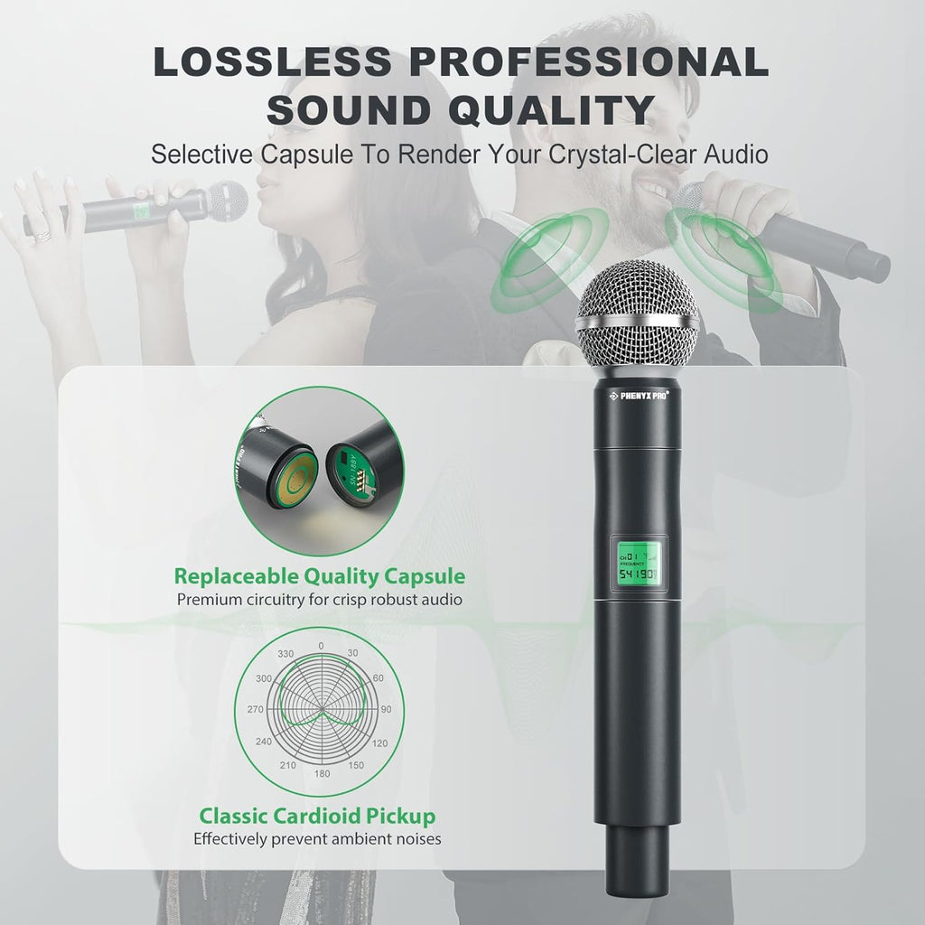 Phenyx Pro Wireless Microphone System, 4-Channel UHF Wireless Mic, Fixed Frequency Metal Cordless Mic with 4 Handheld Dynamic Microphones, 260ft Range, Mics for Singing, Church(PTU-5000-4H)