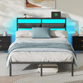 OURPIC Full Size Bed Frame with Headboard, Bed Frame Full Size with LED Light and Charging Station, Black Metal Platform Bedframe and Storage Shelf, No Box Spring Needed, Noise Free