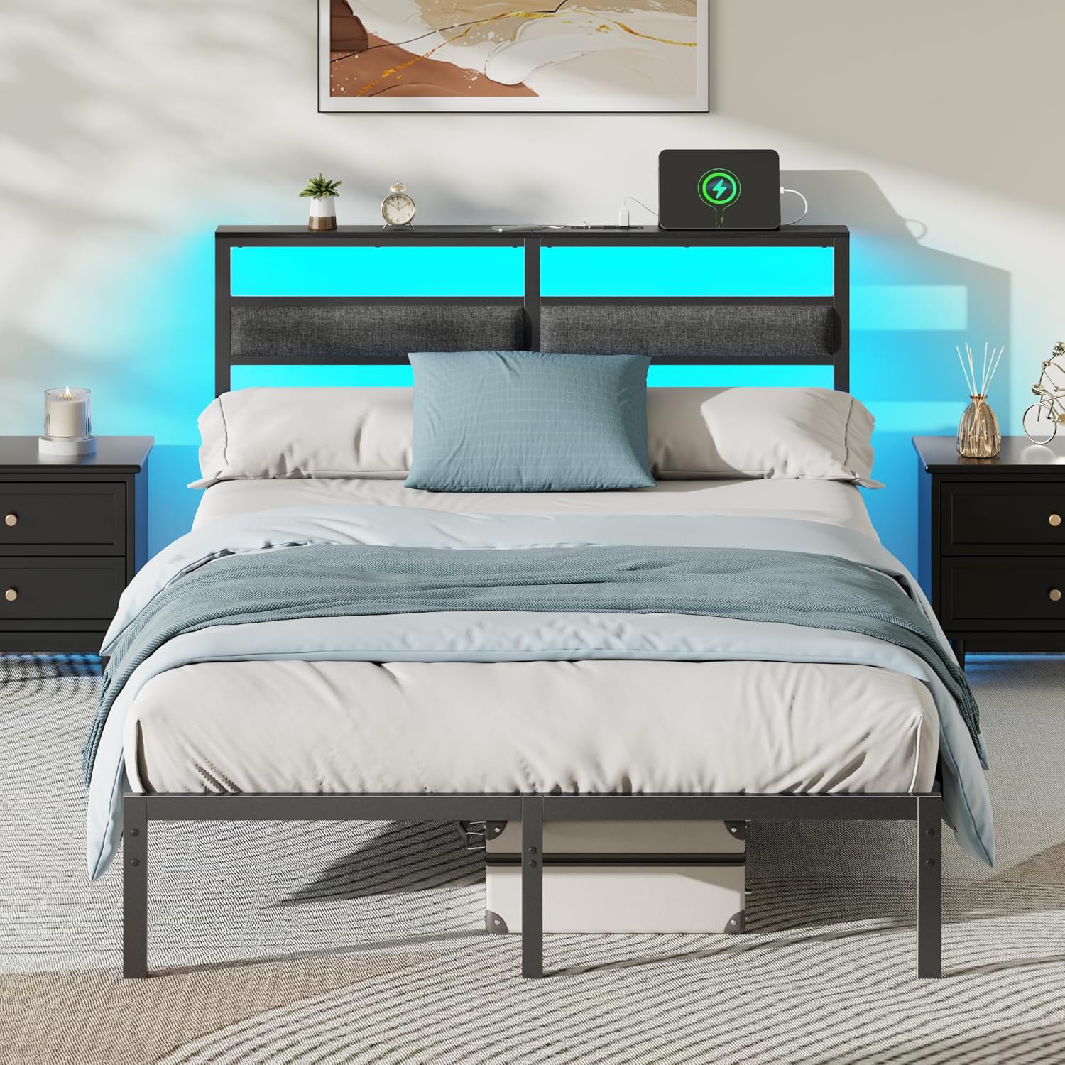 OURPIC Full Size Bed Frame with Headboard, Bed Frame Full Size with LED Light and Charging Station, Black Metal Platform Bedframe and Storage Shelf, No Box Spring Needed, Noise Free