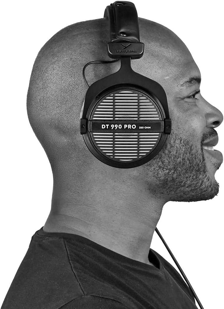 beyerdynamic DT 990 PRO, 250 Ohm, Open Back, Over Ear, Wired Headphones, 3m Coiled Cable, Black with Grey Velour Ear Pads