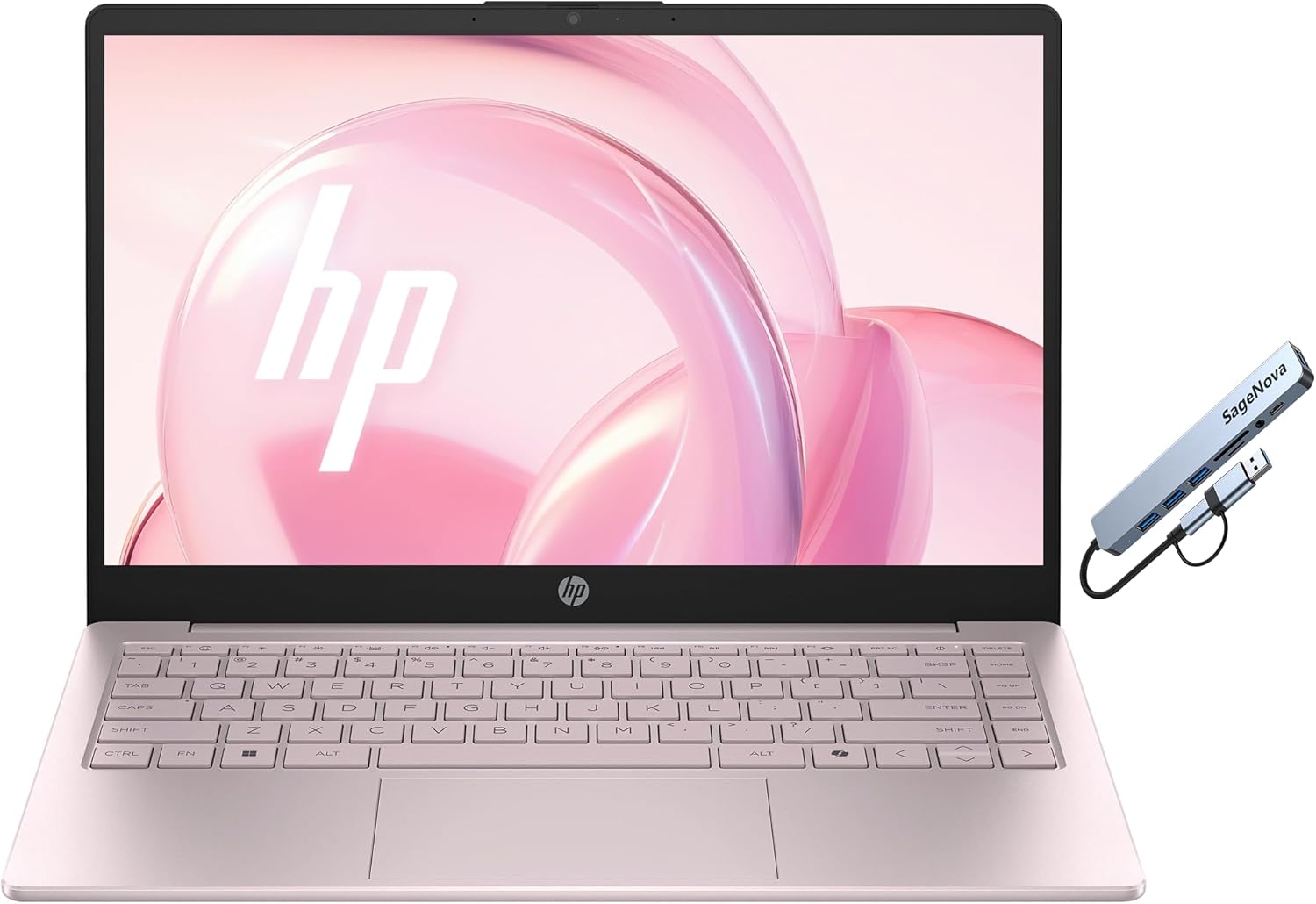 HP 14" Business Laptop Computer, Microsoft Office 365 Included, 128GB Storage, 4GB RAM, 4-Core Intel Processor, Windows 11, SageNova Docking Station, Tranquil Pink