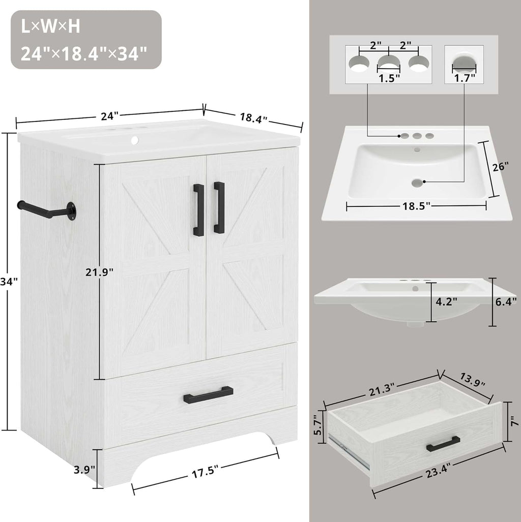 IRONCK Bathroom Vanity, 24" Bathroom Vanity with Sink, Farmhouse Wood Fixture Stand Pedestal Bathroom Cabinet with Drawer, Easy Assembly