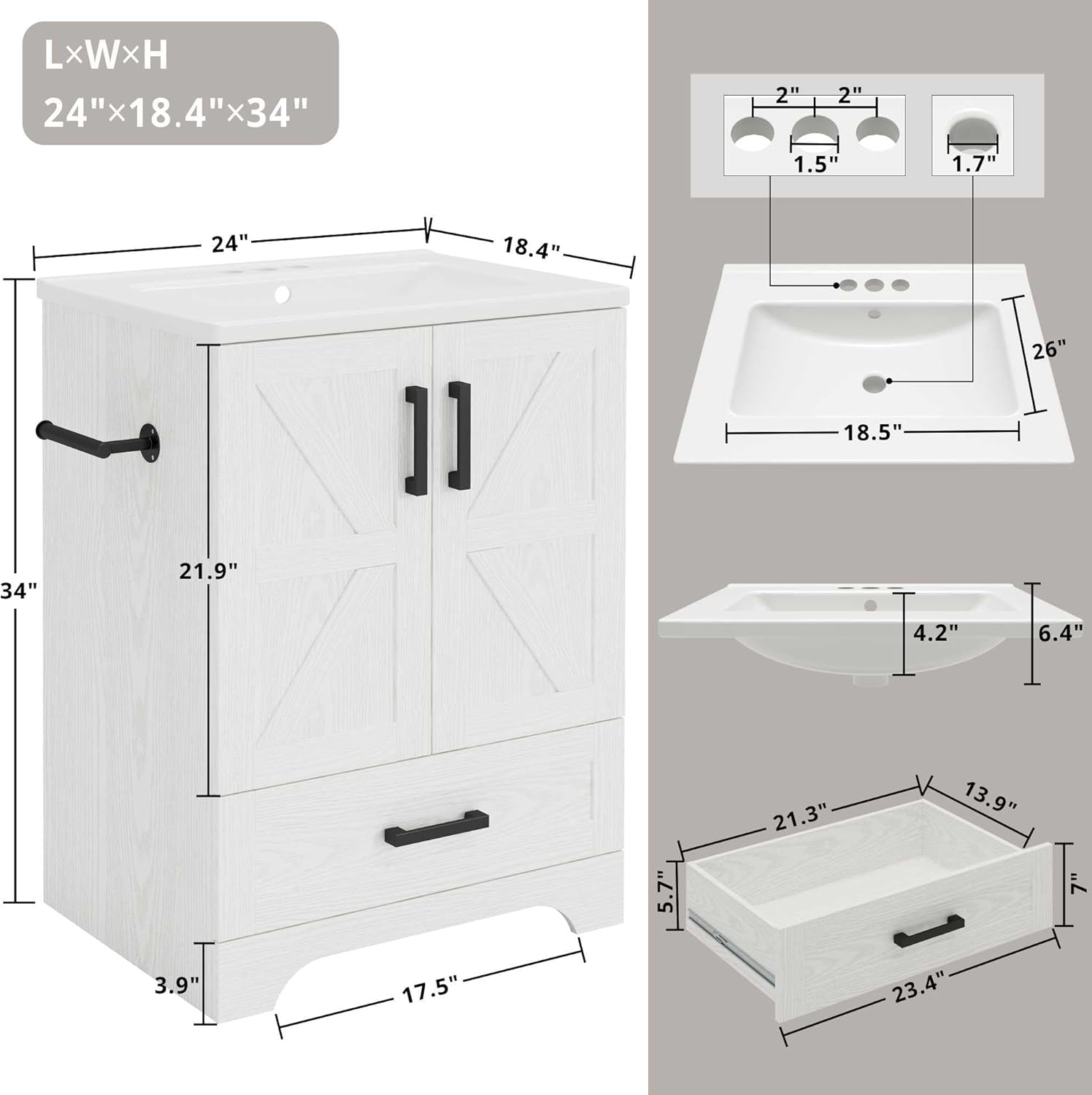 IRONCK Bathroom Vanity, 24" Bathroom Vanity with Sink, Farmhouse Wood Fixture Stand Pedestal Bathroom Cabinet with Drawer, Easy Assembly