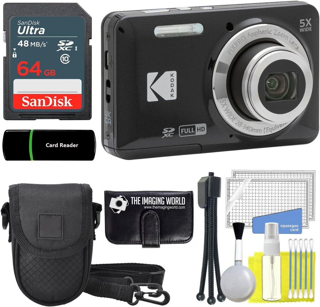 Kodak PIXPRO FZ55 Black 16MP Digital Camera 5X Optical Zoom 28mm Wide Angle 1080P Full HD Video 2.7" LCD Camera + 64GB Card and Reader + Case + Memory Wallet + Tripod + Cleaning Bundle