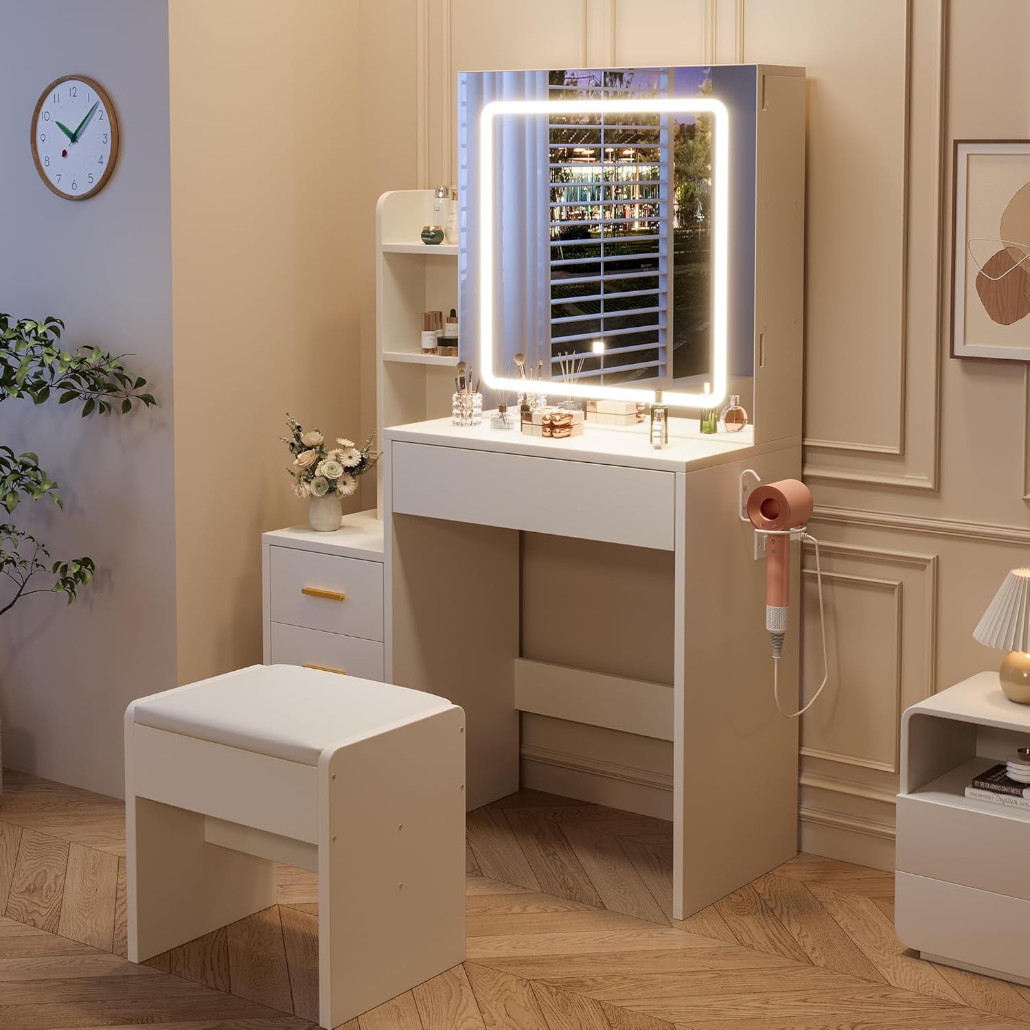 IDEALHOUSE Stylish LED Lighted Vanity Set with Stool – Modern Makeup Table with 4 Drawers, Sliding Mirror & Open Shelves for Bedroom or Bathroom, in White