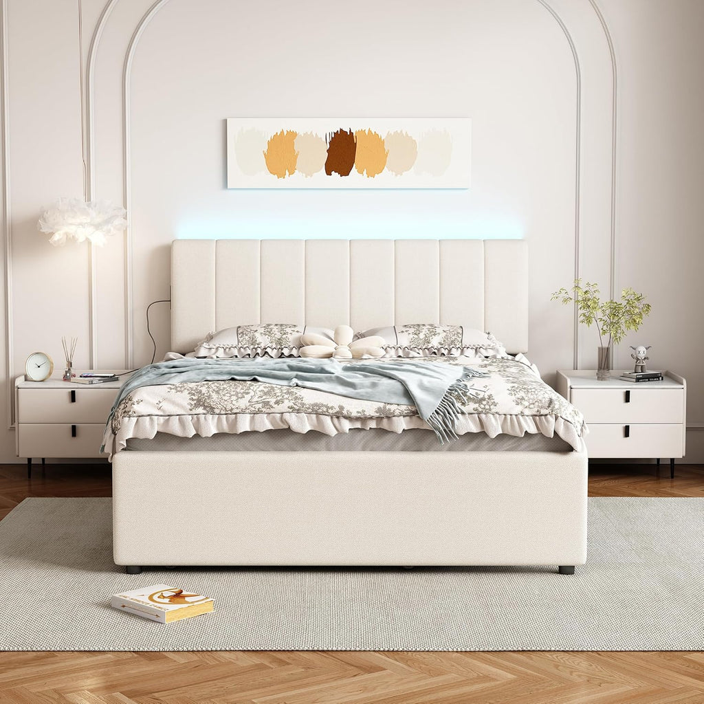 Full Size Upholstered Platform Bed with Trundle and 1 Sets of USB, Chenille Fabric Solid Wood Bedframe w/Wood Slats & LED Lights with APP for Bedroom,Beige