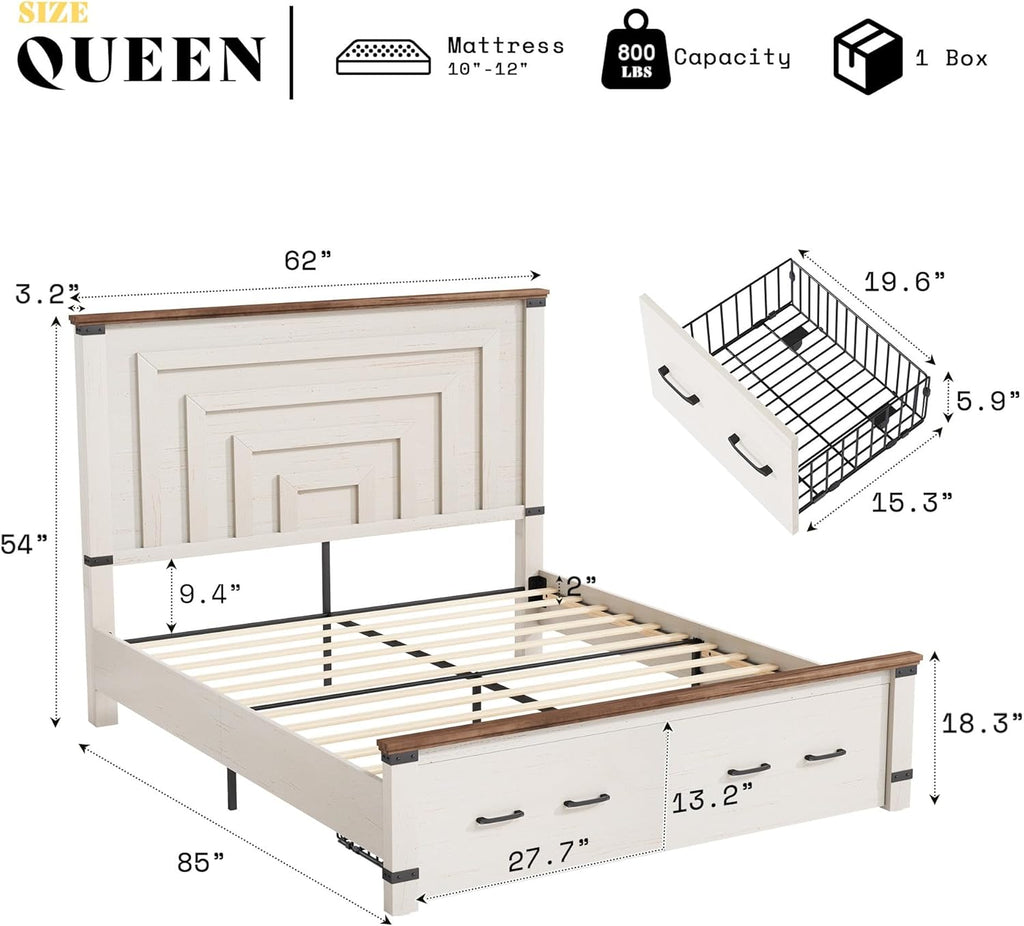 AMERLIFE Queen Bed Frame with Drawers, 54" Tall Headboard, Wood Platform Bed, No Box Spring Needed, Farmhouse Bedframe for Bedroom, Rustic White