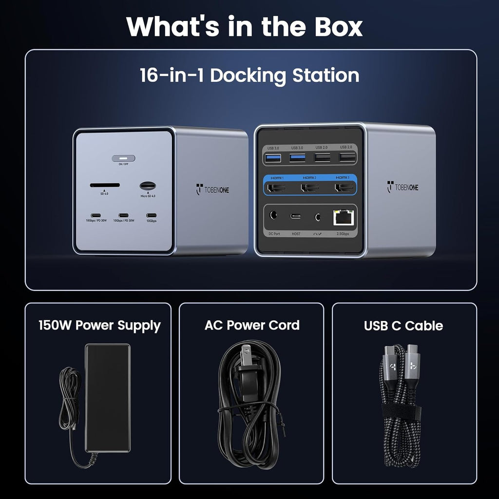 TobenONE 16-in-1 Laptop Docking Station 𝗧𝗿𝗶𝗽𝗹𝗲 𝟰𝗞 Monitor with 150W Power Supply, 3 HDMI, 2.5Gbps Ethernet, 7 USB, USB-C Docking Station for Thunderbolt 5/4/3 Windows/Dell/Lenovo/HP/Asus