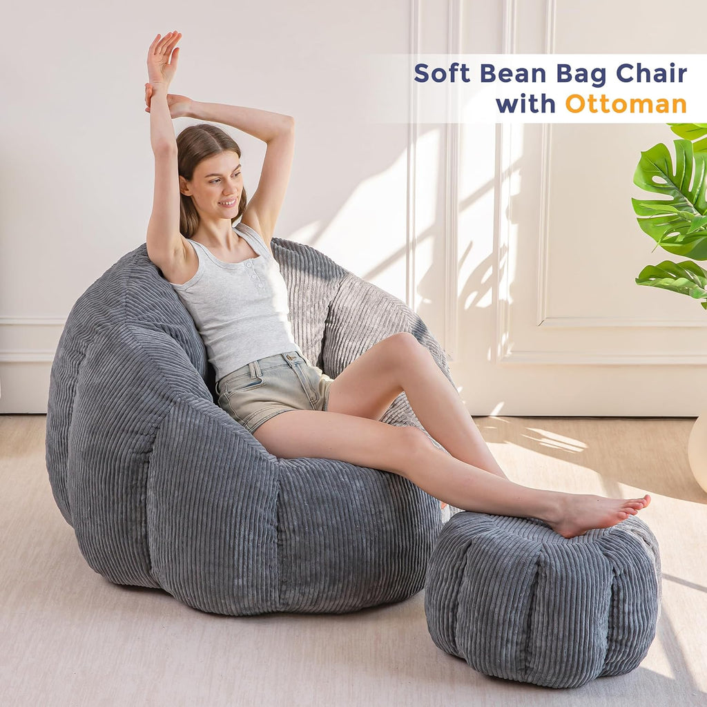 MAXYOYO Giant Bean Bag Chair with Ottoman, Pumpkin-Shaped Bean Bag Sofa with Footstool, Oversized Boneless Couch Chair in a Box, Comfy and Lazy Lounge for Dorm, Living Room, Bedroom, Dark Grey