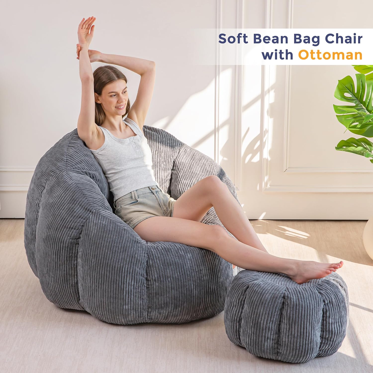 MAXYOYO Giant Bean Bag Chair with Ottoman, Pumpkin-Shaped Bean Bag Sofa with Footstool, Oversized Boneless Couch Chair in a Box, Comfy and Lazy Lounge for Dorm, Living Room, Bedroom, Dark Grey