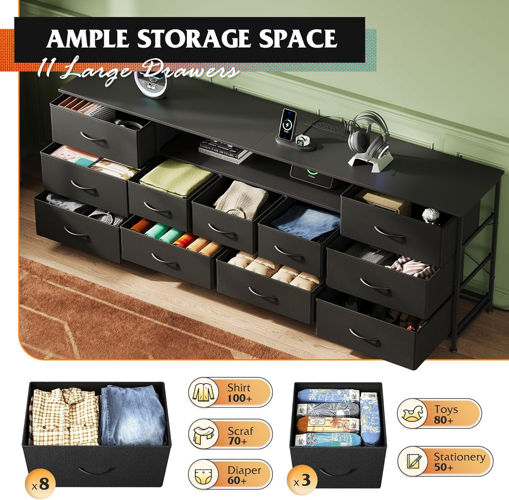 WLIVE 75.5" TV Stand for 65, 75, 80, 85 Inch TV, Dresser for Bedroom with Power Outlets & LED Lights, 11 Drawer Fabric Dresser with Open Shelves, Entertainment Center with Storage, Black