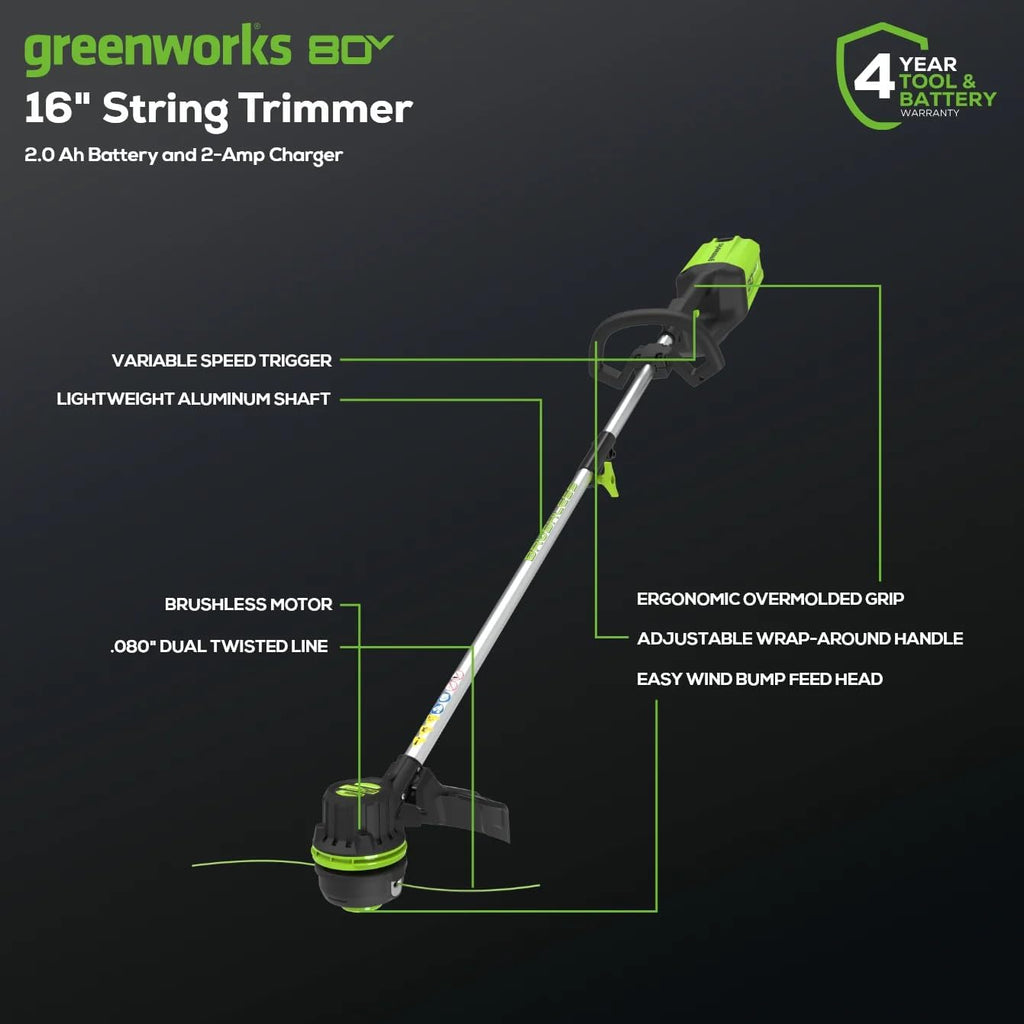 Greenworks 80V 16" Brushless Cordless String Trimmer with 2.0Ah Battery & Rapid Charger – .080" Dual Line, Variable Speed, Lightweight Design, 4-Year Warranty