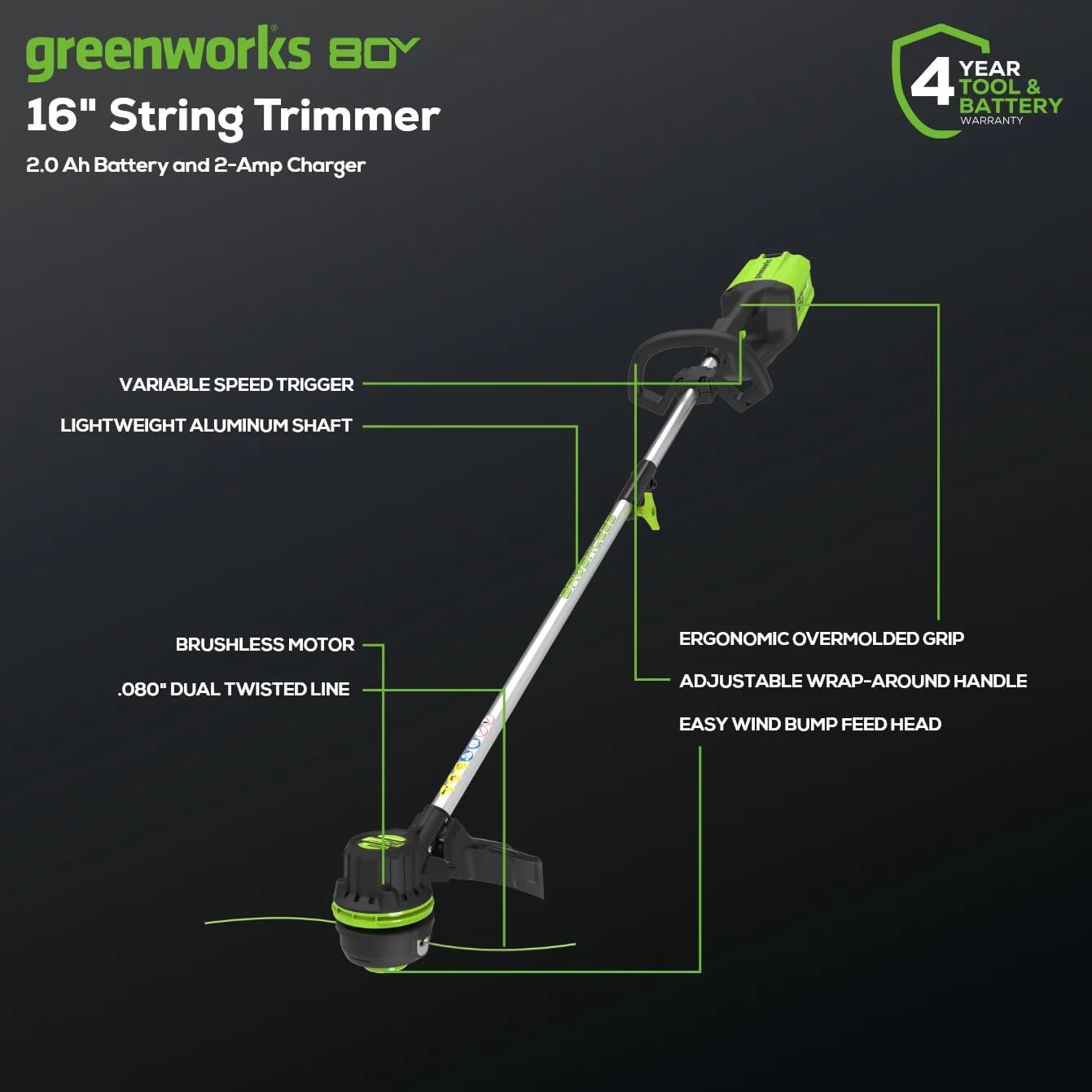 Greenworks 80V 16" Brushless Cordless String Trimmer with 2.0Ah Battery & Rapid Charger – .080" Dual Line, Variable Speed, Lightweight Design, 4-Year Warranty