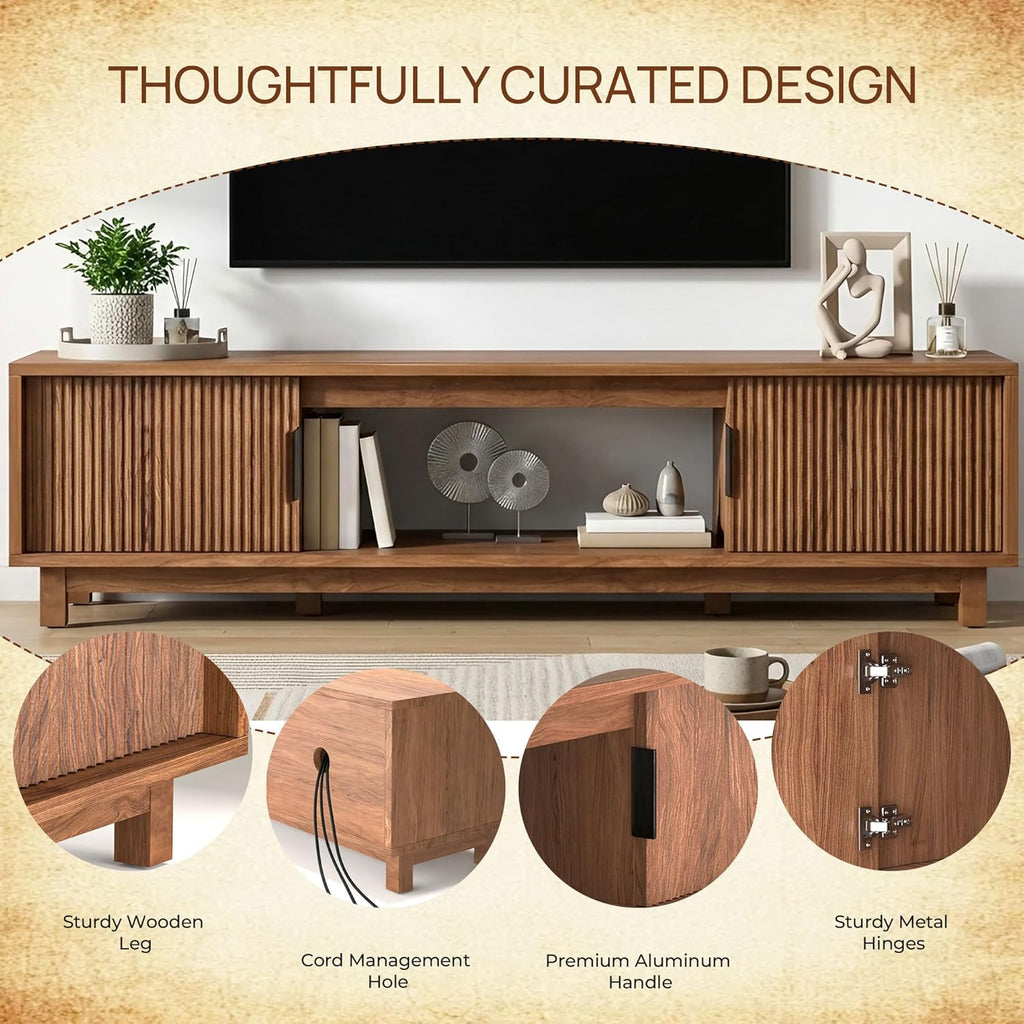 Alpen Fluted TV Stands for Living Room, 70" Mid Century Modern Entertainment Center with Storage, Brown Walnut TV Console for 65/75/80 Inch TV, Wood Television Media Cabinet for Bedroom