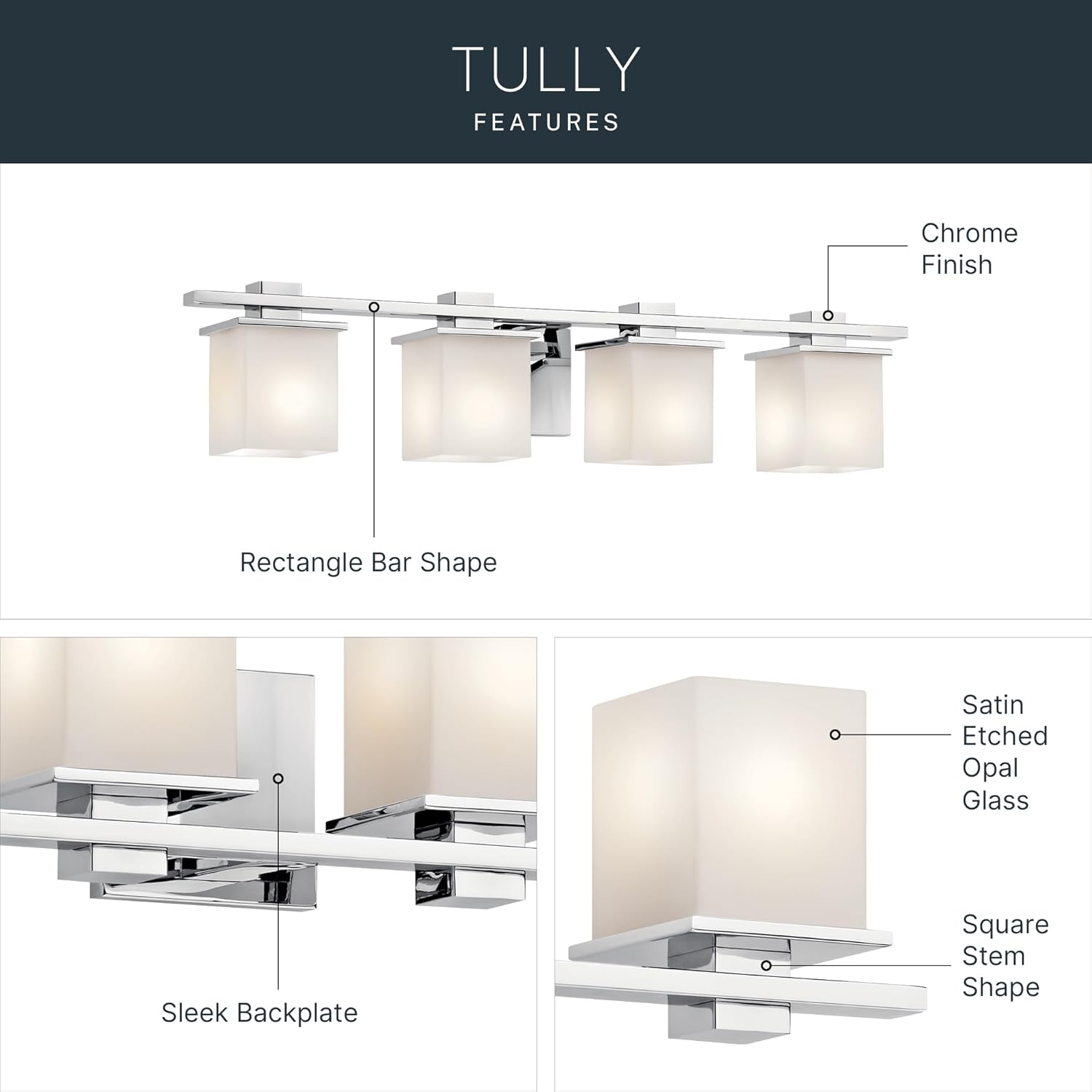 Kichler Tully 32" Vanity Light in Chrome, 4-Light Modern Bathroom Light with Satin Etched Cased Opal Glass, (32" W x 6.5" H), 45152CH