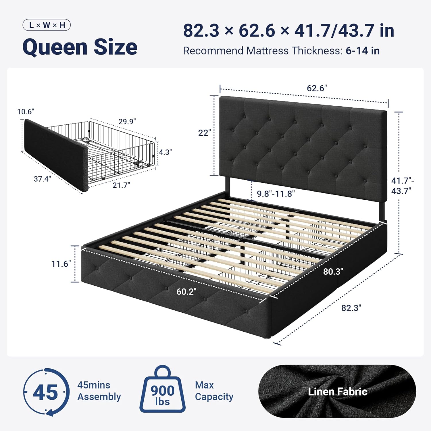 Allewie Upholstered Queen Size Platform Bed Frame with 4 Storage Drawers and Headboard, Diamond Stitched Button Tufted, Mattress Foundation with Wooden Slats Support, No Box Spring Needed, Dark Grey