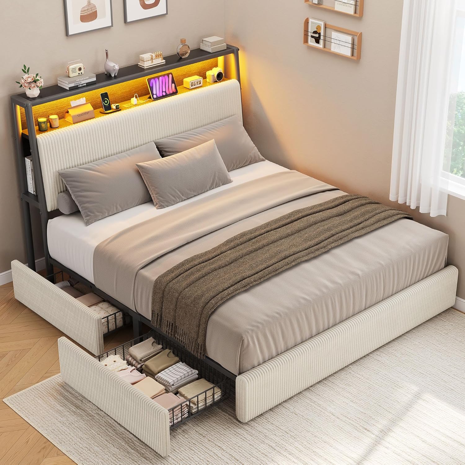 Upholstered Queen LED Bed Frame with 2 Storage Drawers and Charging Station, Corduroy Platform Bed with 3-Tier Storage Bookcase Headboard, Heavy Duty Metal Support, No Box Spring Needed - Beige