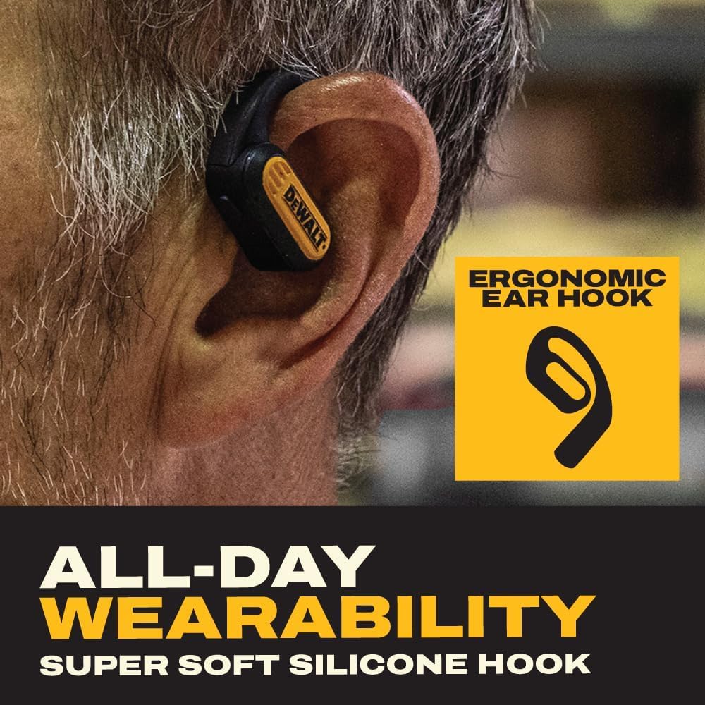 DEWALT Heavy Duty Open Ear Headphones, Bluetooth 5.3 Wireless Earbuds IP55, 44Hrs Runtime, Jobsite Premium Sound True Wireless Air Conduction Open Ear Earbuds with Earhooks for Worksites and Workouts