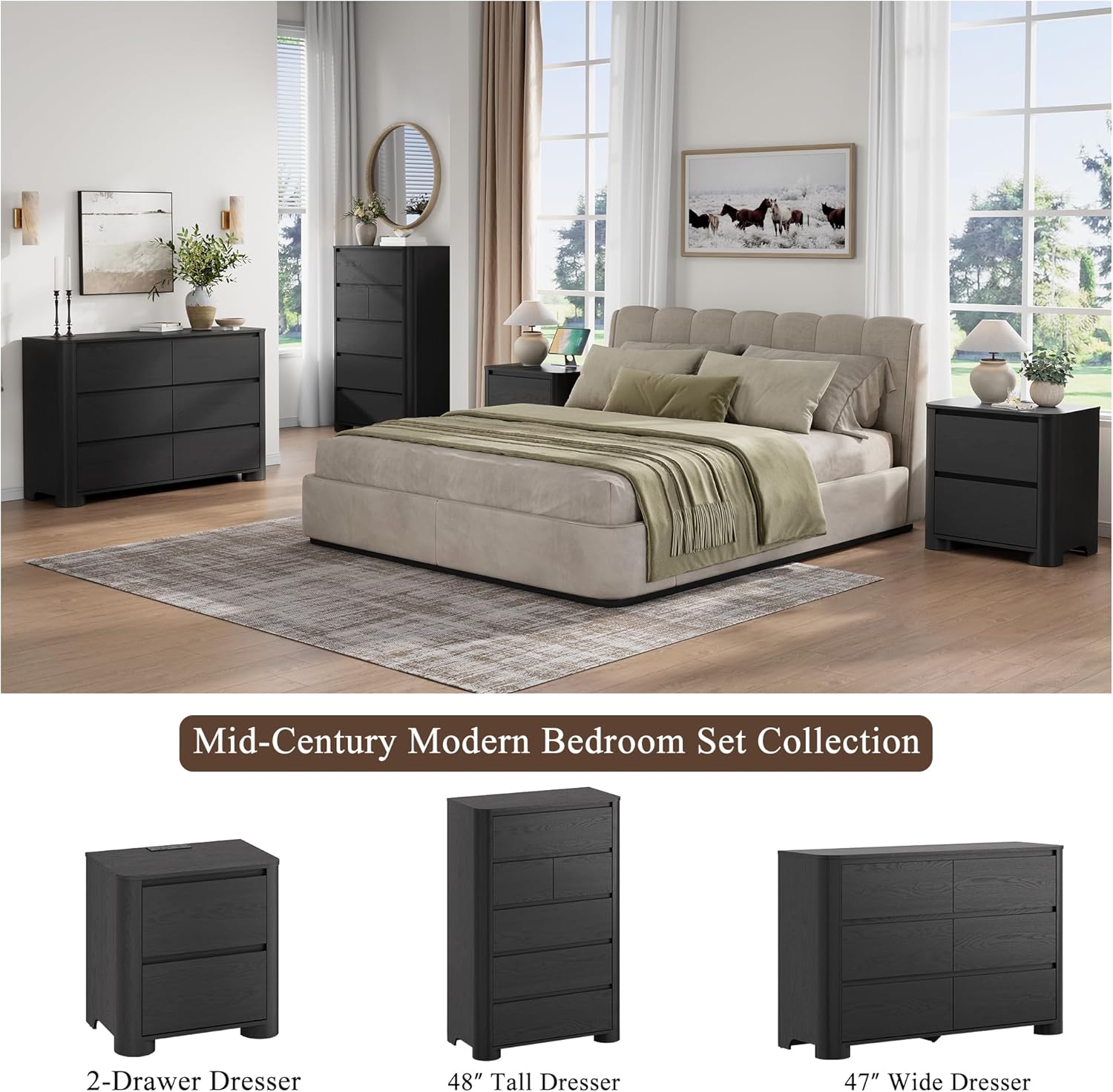 YANSNWO Minimalist Dresser and Nightstand Sets 4 Piece Bedroom Set, Wide & Tall 6-Drawer Dresser & 2 Nightstands with Charging Station, Wooden Bedroom Dresser Sets, Black