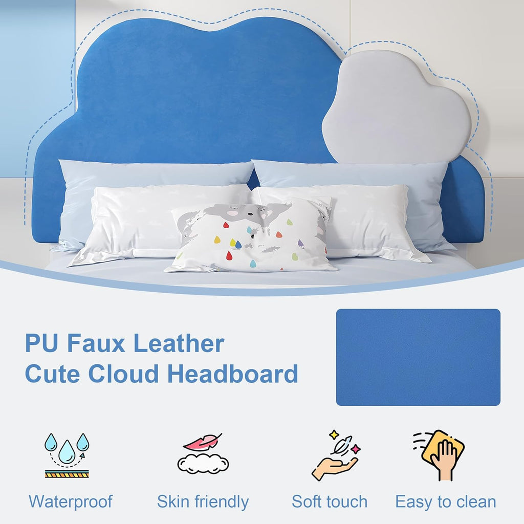 VECELO 2 Set Twin Size Bed Frame, Upholstered Platform Bedframe with Height Adjustable Cloud-Shaped Headboard, Strong Wood Slat Supports, No Box Spring Needed, Blue