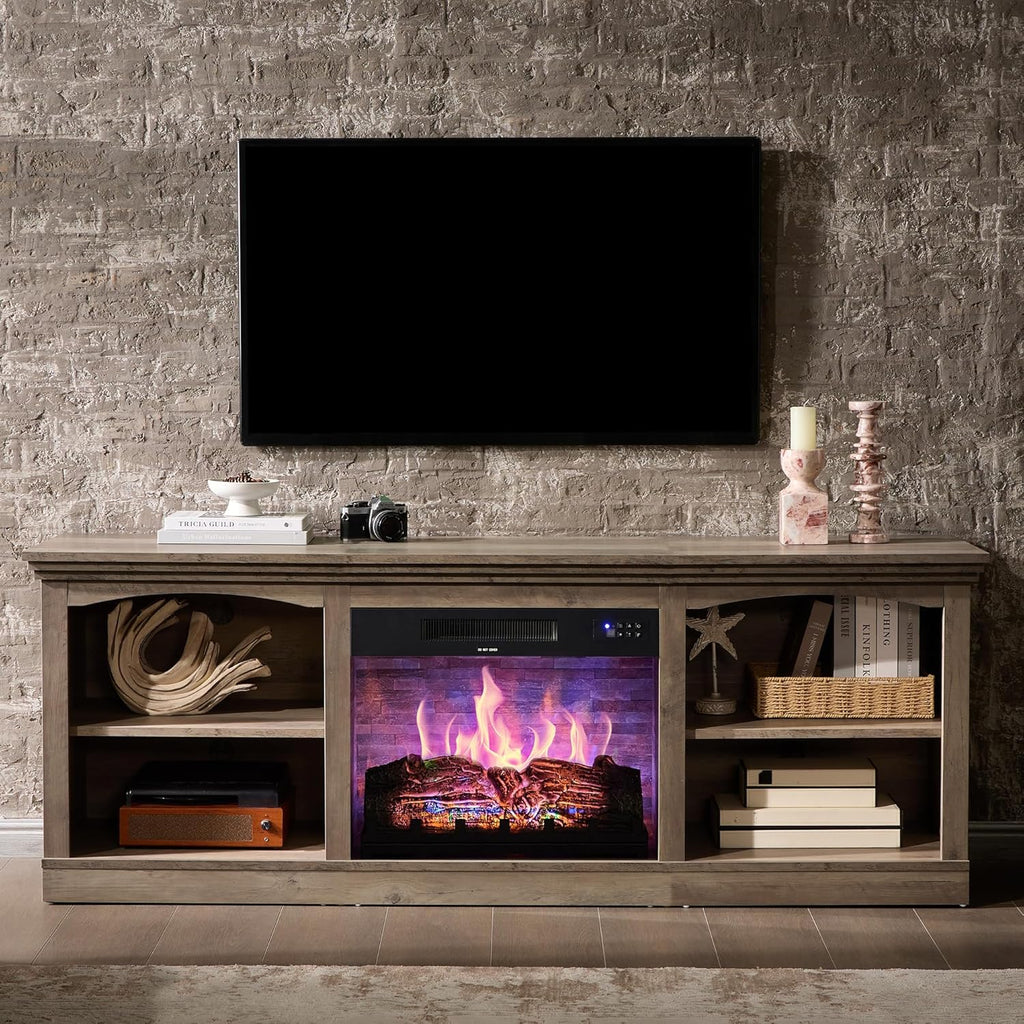 AMERLIFE 70 Inch Fireplace TV Stand for TVs up to 80", Farmhouse Entertainment Center with 23" Electric Fireplace One-Box Delivery, Media Console Table with Storage for Living Room, Rustic Grey