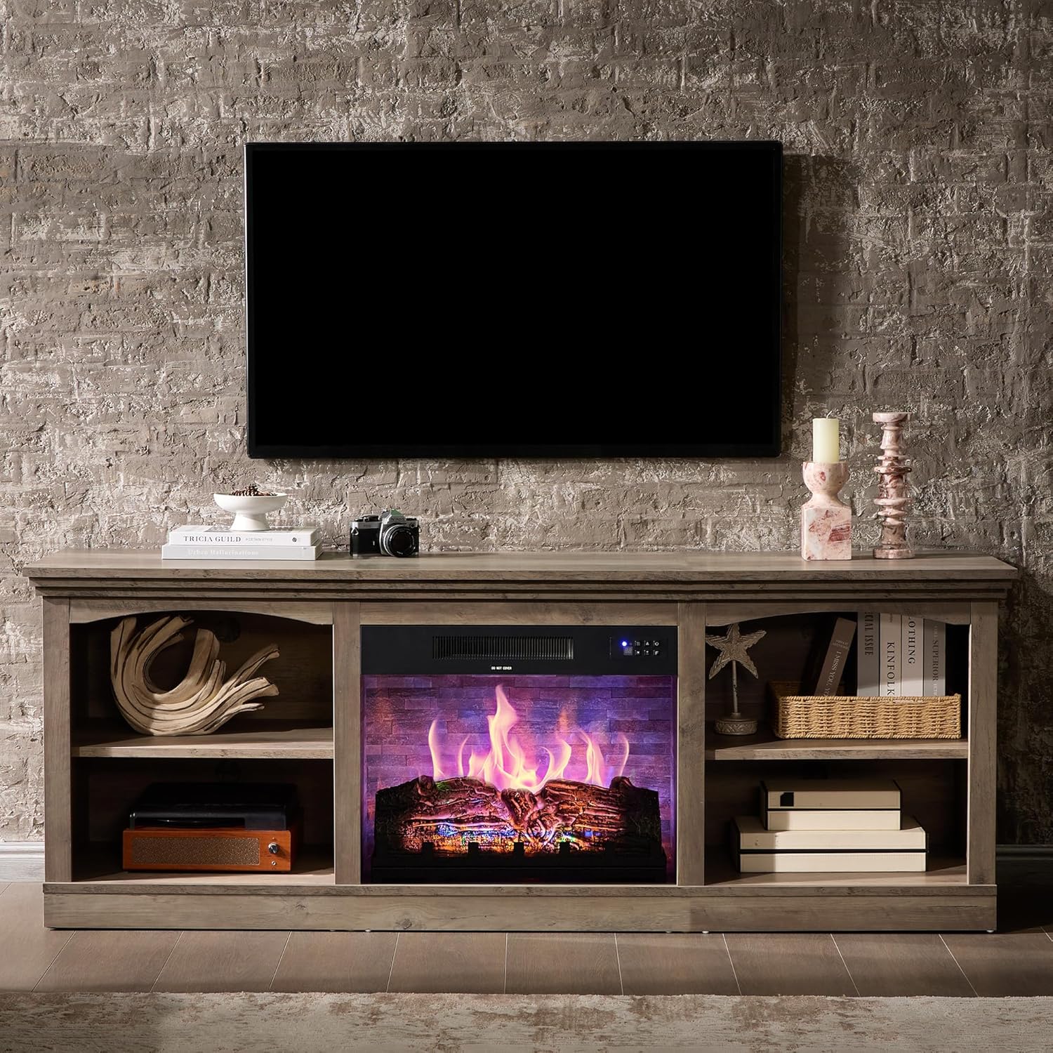 AMERLIFE 70 Inch Fireplace TV Stand for TVs up to 80", Farmhouse Entertainment Center with 23" Electric Fireplace One-Box Delivery, Media Console Table with Storage for Living Room, Rustic Grey