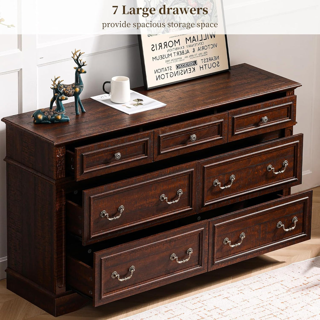 Farmhouse Dresser and Nightstand Sets, 6-Drawer with 7 Drawer Dresser & 3 Drawer Nightstand Sets, 4 Pieces Rustic Wood Bedroom Furniture Set for Home, Bedroom, Hallway(Dark Brown)