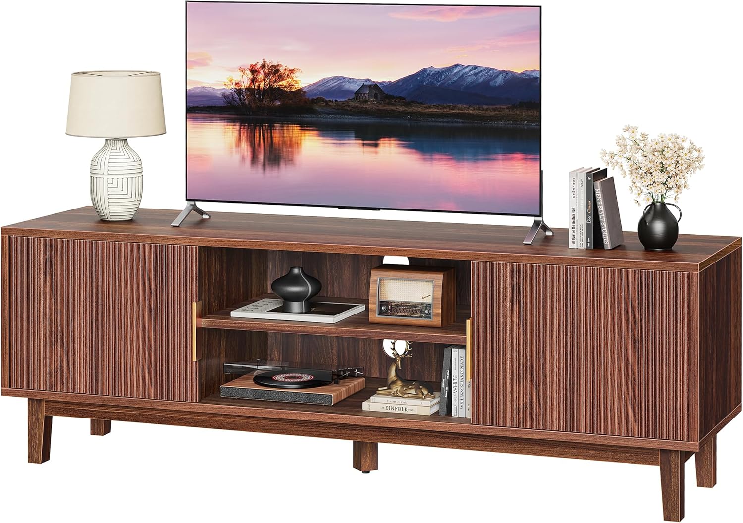 PRAISUN 54 Inch TV Stand for 50, 55 Inch TV, Fluted Entertainment Center with 2 Cabinets, TV Consoles for Living Room, 3-Level Adjustable Shelf, 4 Cable Holes, Meida Console, Walnut