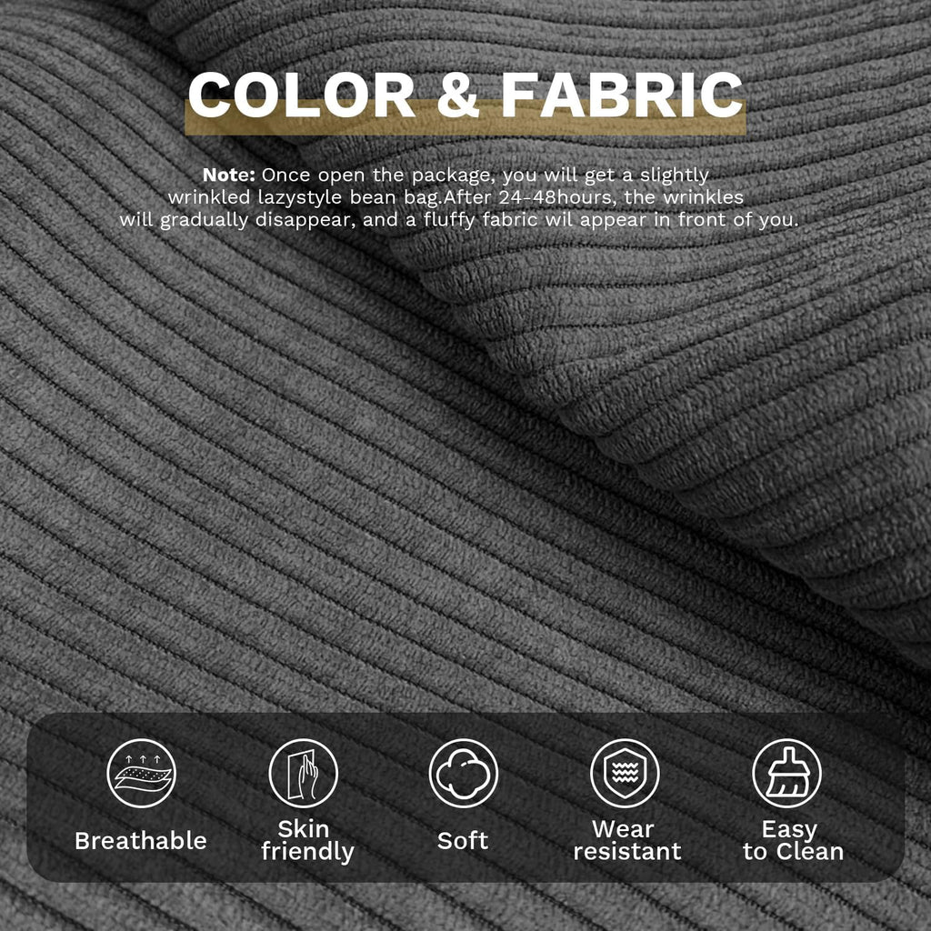 Bean Bag Chairs for Adults, Memory Foam Couch Sofa Chair,One-piece Foam Padding,Cozy Corduroy Material Bean Bag Chair,Bean Bag Sofa for Reading in Bedroom Living Room and Dorms,Gray