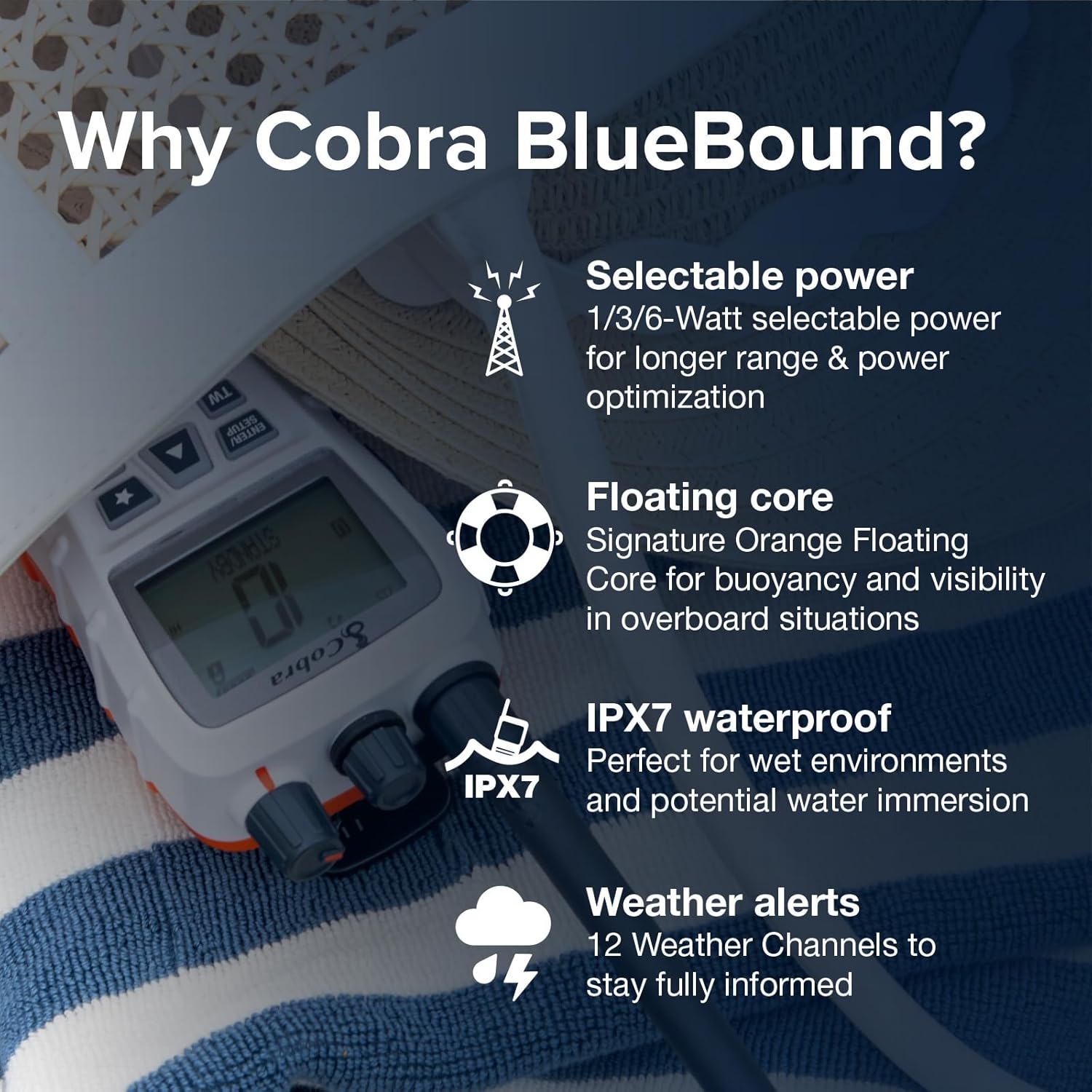 Cobra BlueBound 350 VHF Handheld Marine Radio - White – 6-Watt, Floating, Long Range, NOAA Weather Alerts, International Functionality, IPX7 Waterproof, USB-C, Submersible, LCD Screen, Belt Clip