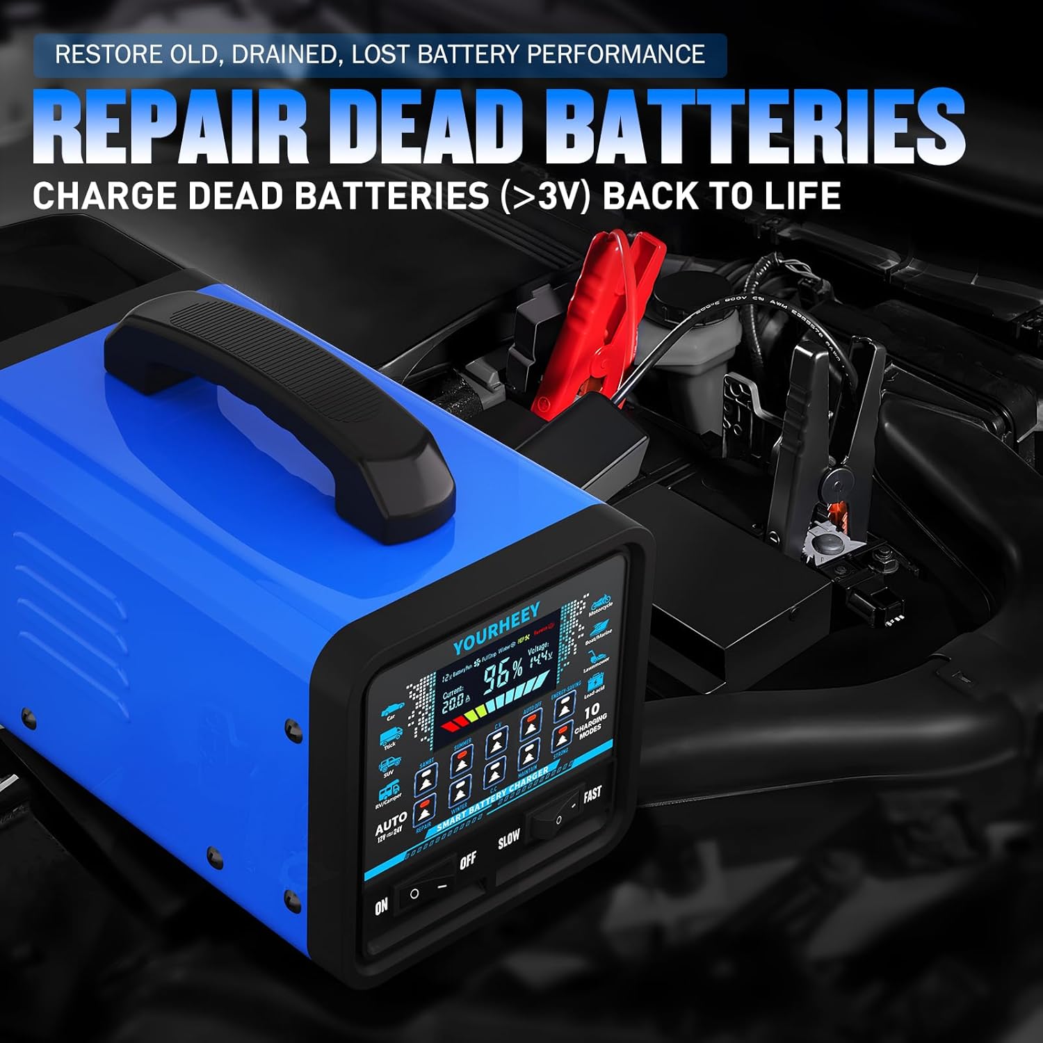 2026 Upgraded 12V/24V 0-20A Heavy Duty Battery Charger/Maintainer with Auto Shutoff, Repair & Winter Mode, 10 Modes & Color Screen for Car, Truck, Motorcycle, RV, Boat, Lawn Mower, Deep Cycle Chargers