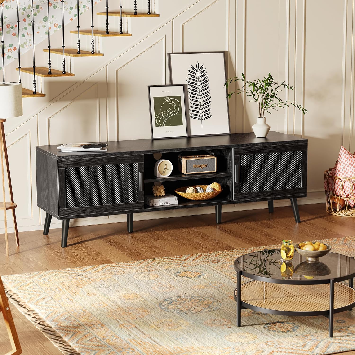SUPERJARE TV Stand for 65 Inch TV, Entertainment Center with Adjustable Shelf, TV Console with 2 Cabinets, Media Console, Solid Wood Feet, 4 Cord Holes, for Living Room, Black
