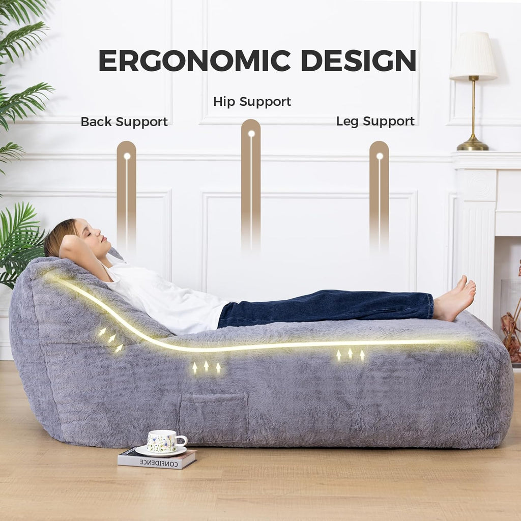 Giant Bean Bag Chair for Adults (59"x34"), Big Faux Fur Plush Bean Bag Lounger, Large Memory Foam Lounger Chair with Pockets for Living Room, Bedroom & Dorm (Grey)