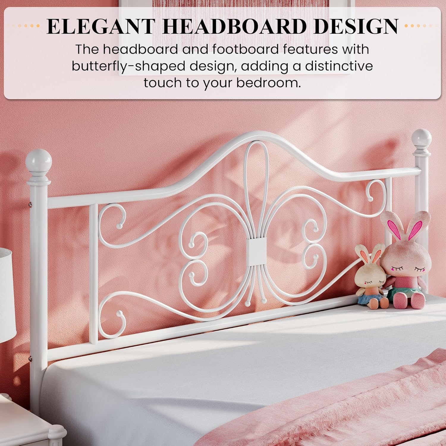 SHA CERLIN Full Size Bed Frame with Headboard,Metal Bed Frame with Butterfly Pattern Design Headboard & Footboard,No Box Spring Needed,Easy Assembly,White