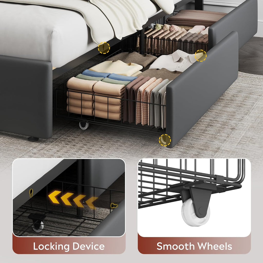WLIVE Queen Size Upholstered Bed Frame with 4 Storage Drawers and Headboard, Velvet Platform Bedframe, Sturdy Metal & Wooden Slats Support, No Box Spring Needed, Easy Assembly, Dark Grey