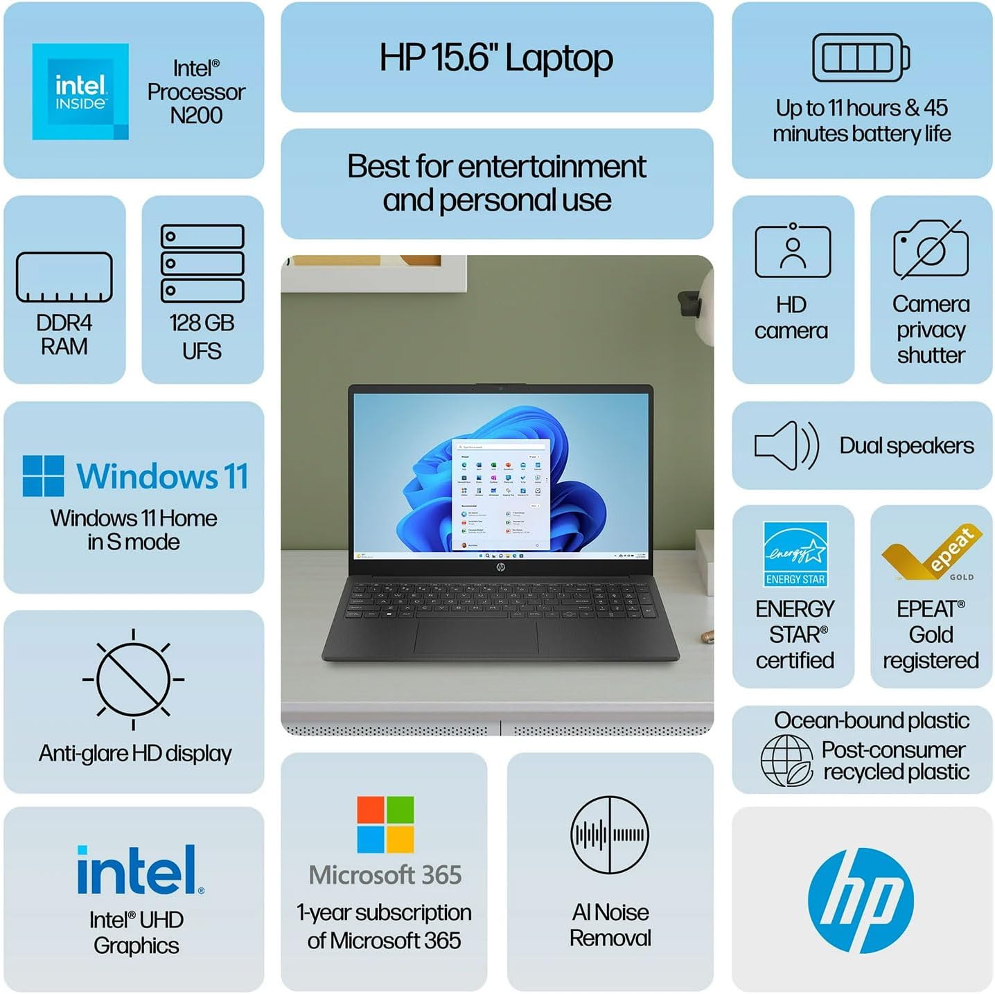 HP 15.6" Portable Laptop (Include 1 Year Microsoft 365), HD Display, Intel Quad-Core N200 Processor, 16GB RAM, 128GB Storage, Wi-Fi 6, Webcam, HDMI, Numeric Keypad, Windows 11 Home, Black