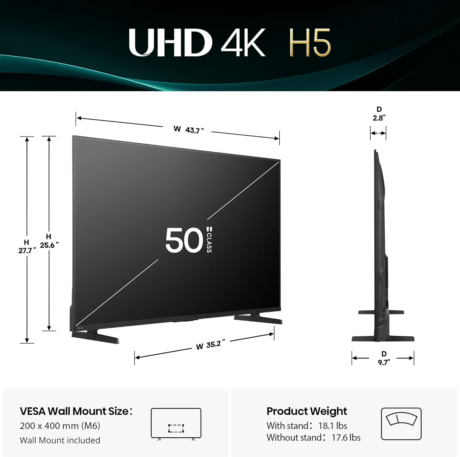 Hisense 50-Inch Class H5 4K UHD HDR Google Smart TV (50H5BG, 2025) Dolby Vision Gaming HDR 10 Motion Rate 120 AI Upscaler DTS Virtual X Game Mode Plus Google Assistant + Free WallMount (Renewed)