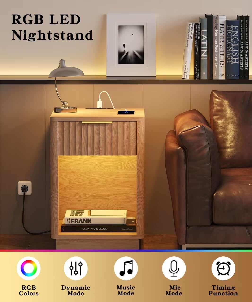 Akxomel Fluted Nightstands Set of 2, Wooden Night Stand with Charging Station and LED Light, Modern Mid Century Bed Side End Table with Drawer, 15" D x 15.7" W x 22.6" H, for Bedroom, Natural Oak